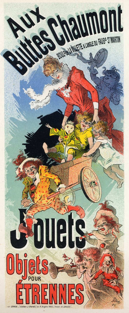 Estilo de vida. A loja de brinquedos Buttes Chaumont. Cartaz de Jules Cheret, França, c.1890 (cartaz) de Jules Cheret