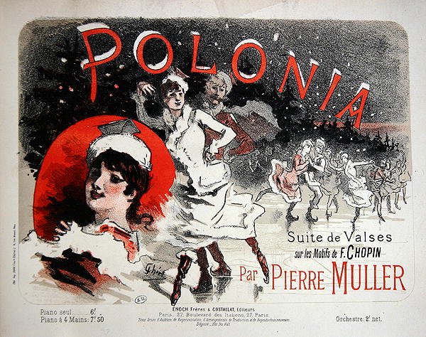 Polonia, capa de uma partitura de valsas composta por Pierre Muller sobre motivos de Chopin, finais do século XIX (cor litho) de Jules Cheret