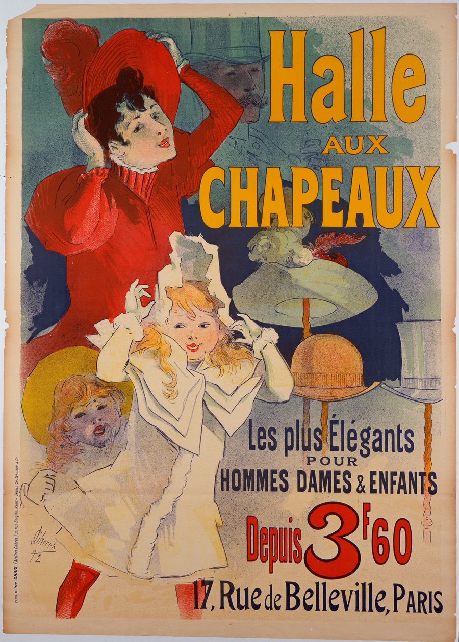 Propaganda de cartaz "Salão dos Chapéus", c.1892 de Jules Cheret