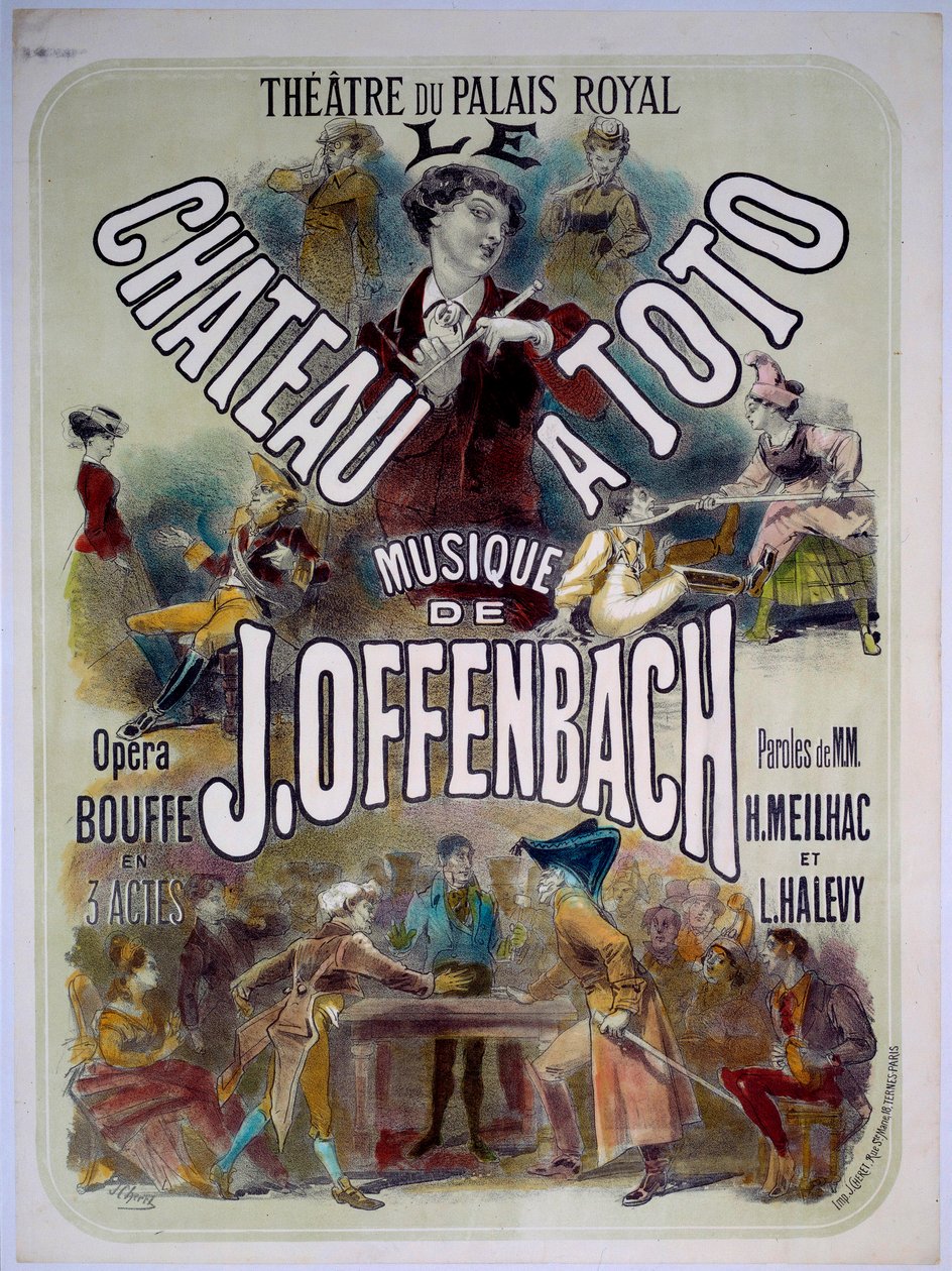 Cartaz de "Le chateau a Toto" com música de Jacques Offenbach (1819-1880) no Theatre du Palais Royal, ilustração de Jules Cheret (1836-1932) 1868. de Jules Cheret