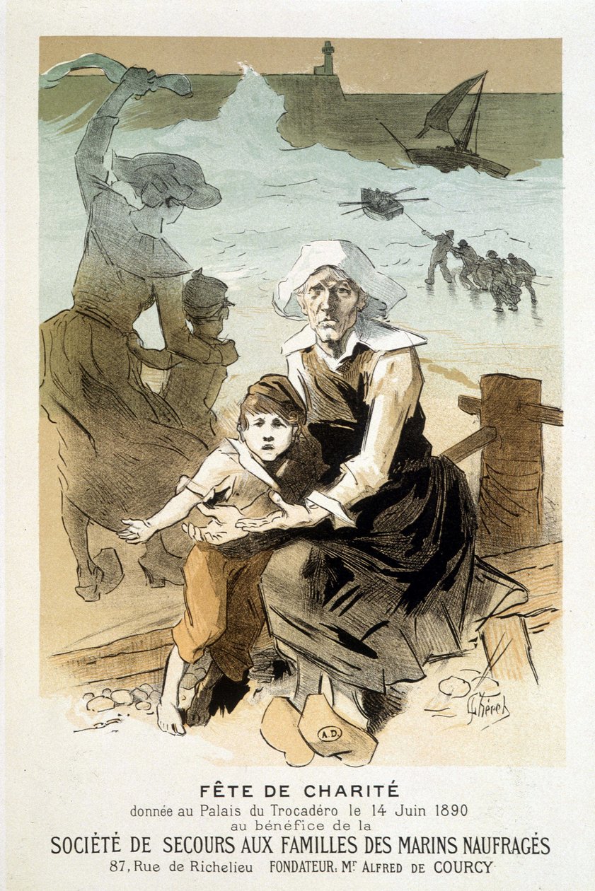 Cartaz para uma celebração de caridade oferecido no Palais du Trocadéro em 14 de junho de 1890 em benefício da Sociedade de Socorro às Famílias de Marinheiros Náufragos - em "Os mestres do cartaz", por Jules Chéret de Jules Cheret