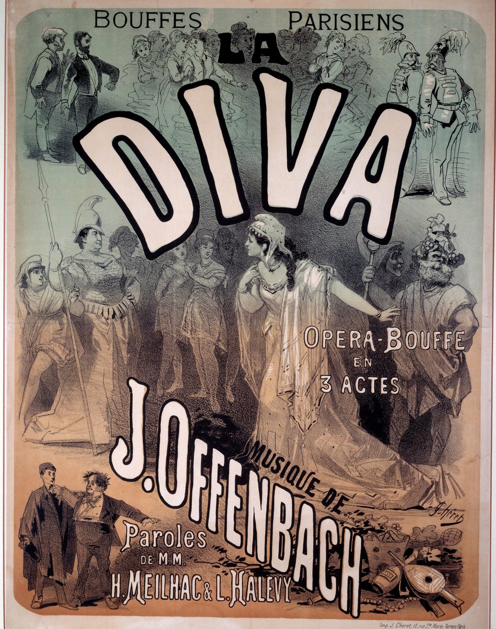 Cartaz da opereta "Diva" musicada por Jacques Offenbach (1819-1880) nos Bouffes parisienses de Jules Cheret