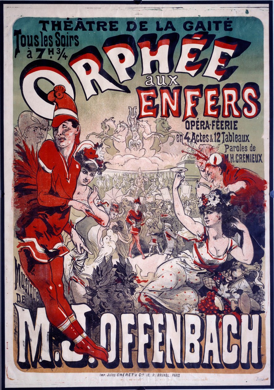 Cartaz da ópera "Orphee aux Envers" musicada por Jacques Offenbach (1819-1890) no Theatre de la Gaite em Paris. Ilustração de Jules Cheret (1836-1932) 1874. de Jules Cheret