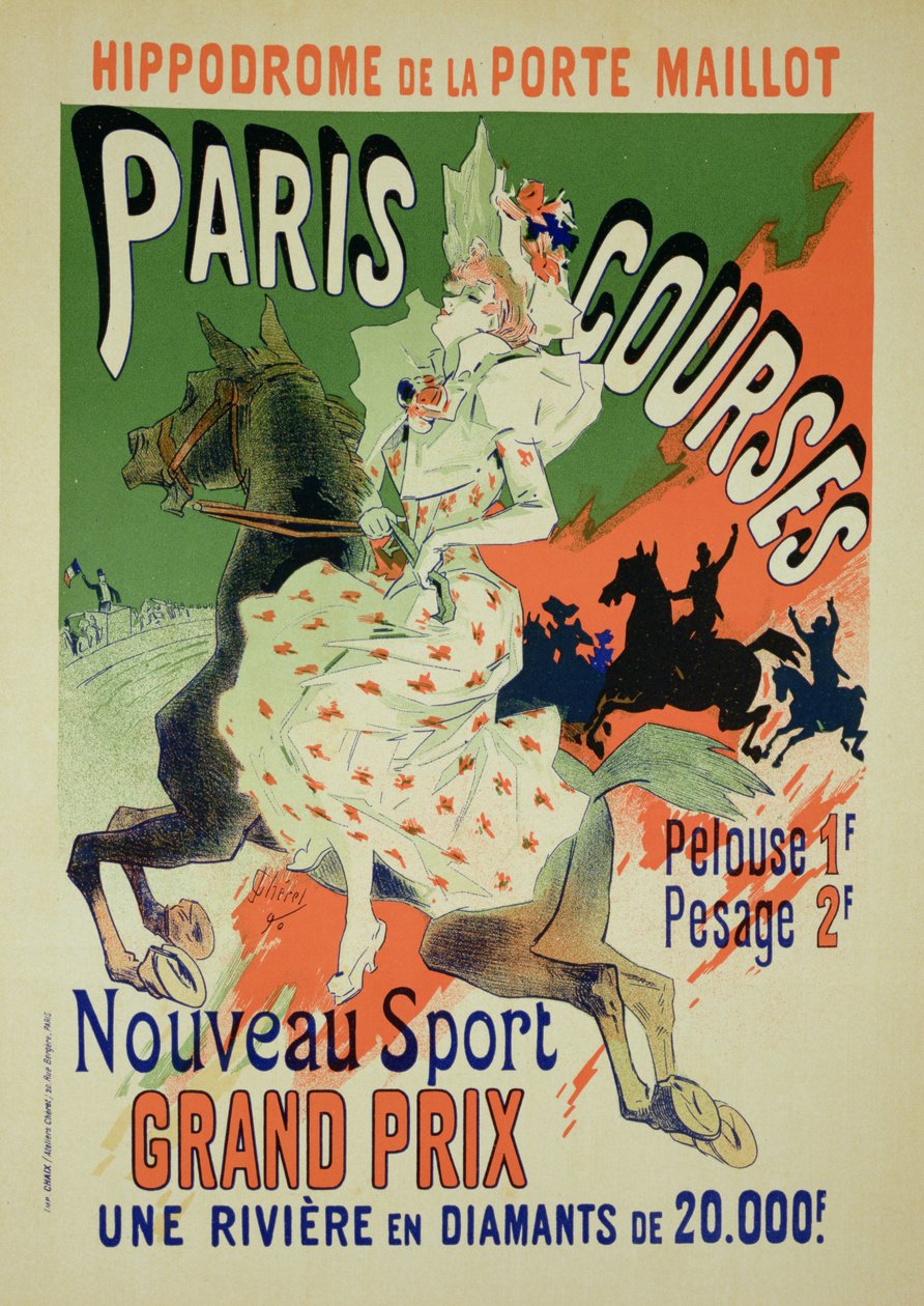 Reprodução de um cartaz publicitário "Paris Races", no Hipódromo Porte Maillot, Paris, 1890 de Jules Cheret