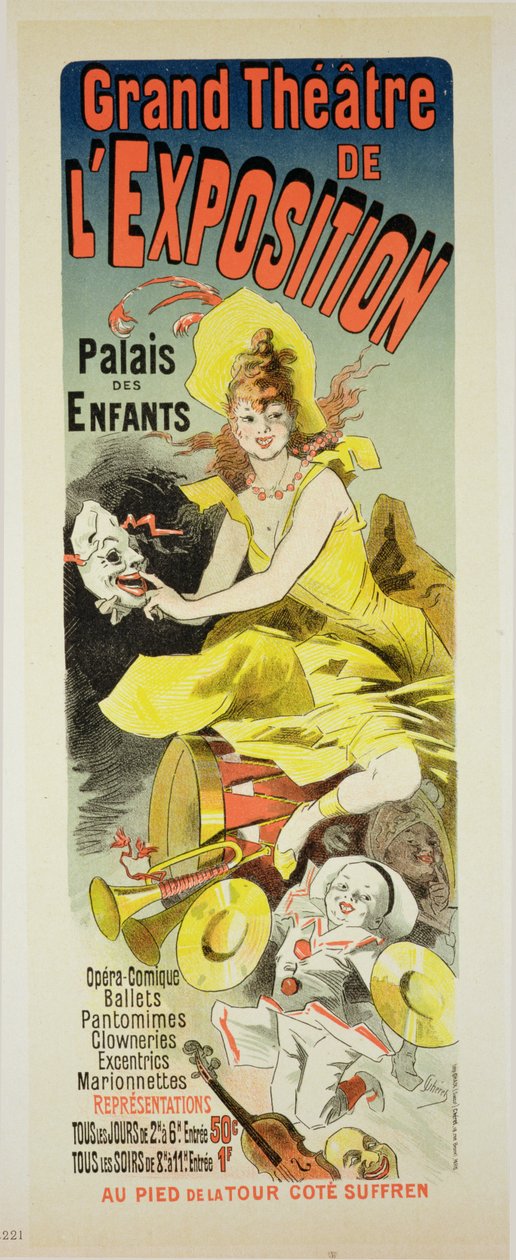 Reprodução de um cartaz anunciando o &39;Grande Teatro da Exposição&39;, Palais des Enfants, Paris, 1889 de Jules Cheret