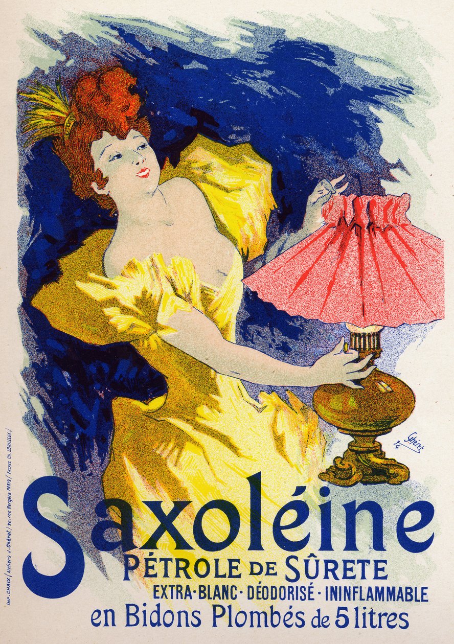 Ciência. Energia. Saxoleína, óleo para a lâmpada. Cartaz de Jules Cheret, França. de Jules Cheret