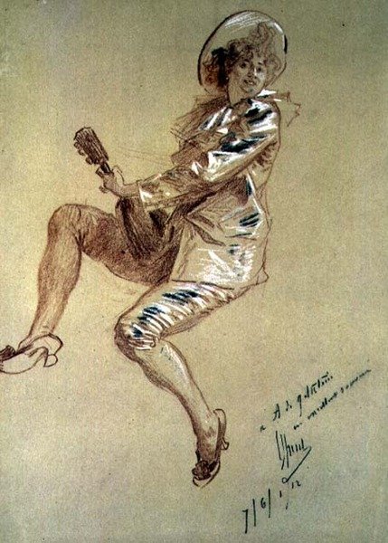 Sentado Pierrette, tocando o Bandolim de Jules Cheret