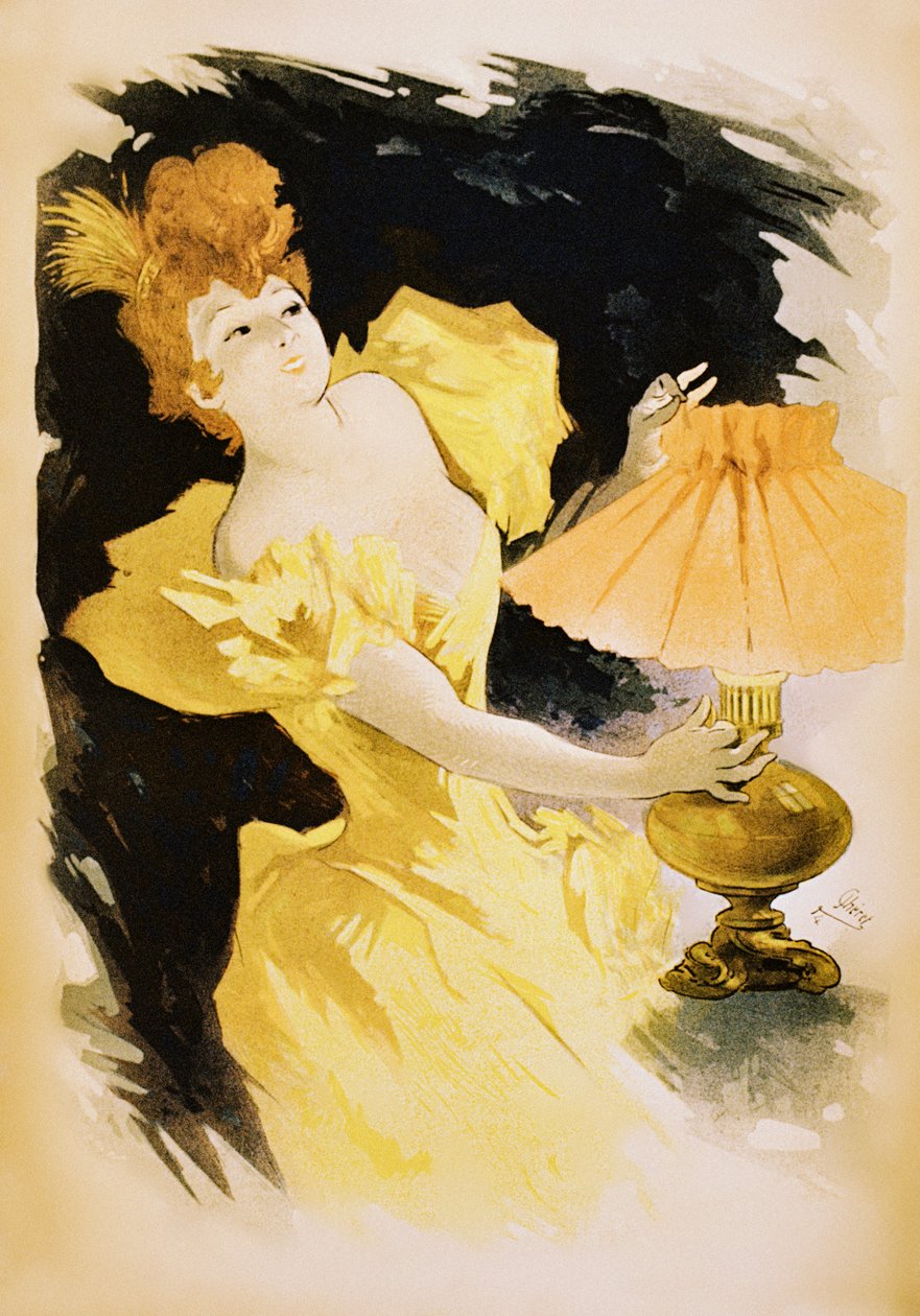 Cartaz Vintage de mulher elegante acendendo uma lâmpada de gás de Jules Cheret