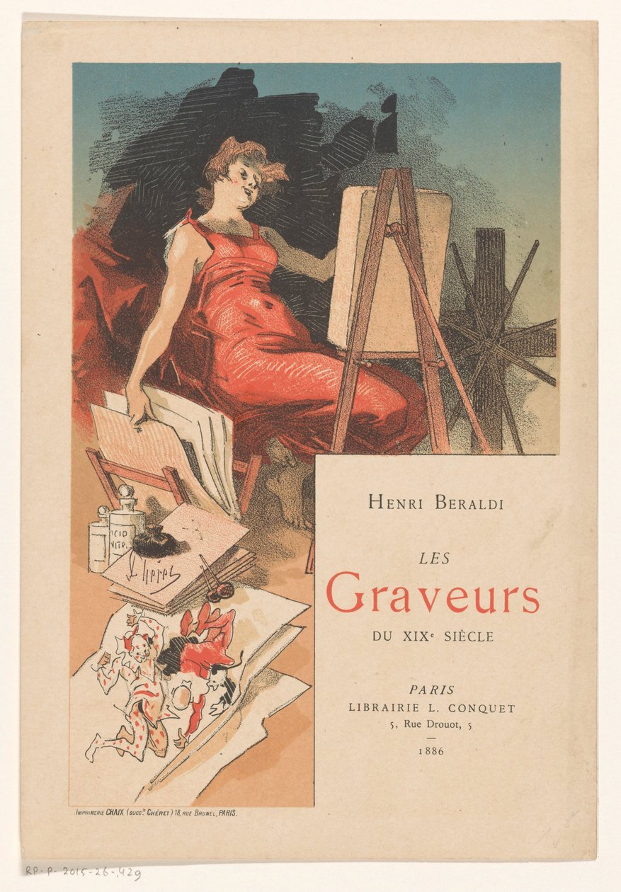 Mulher cercada por ferramentas e materiais de um gravador de Jules Cheret