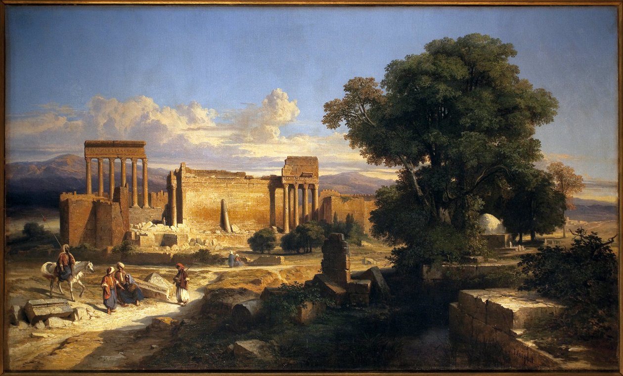 Ruínas de Balbeck (ou Baalbek, Baalbec, antiga Heliópolis, Líbano atual). Pintura por Jules Coignet (1798-1860), Óleo Sobre Tela de Jules Coignet