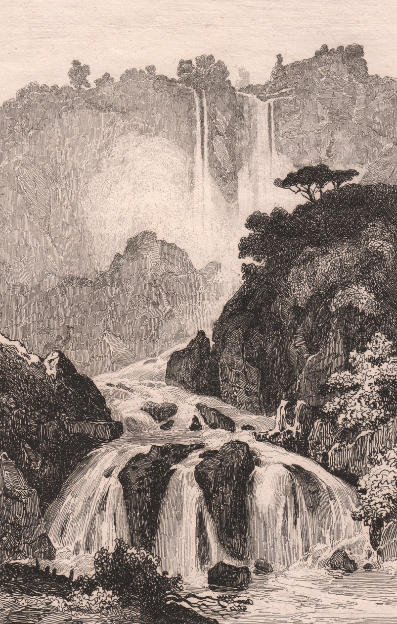 Vista das Cascatas de Marmore (Cascata delle Marmore) perto de Terni, Úmbria, Itália, gravura em metal aço após desenho de Jules Coignet (1798-1860), cerca de 14x20 cm de Jules Coignet