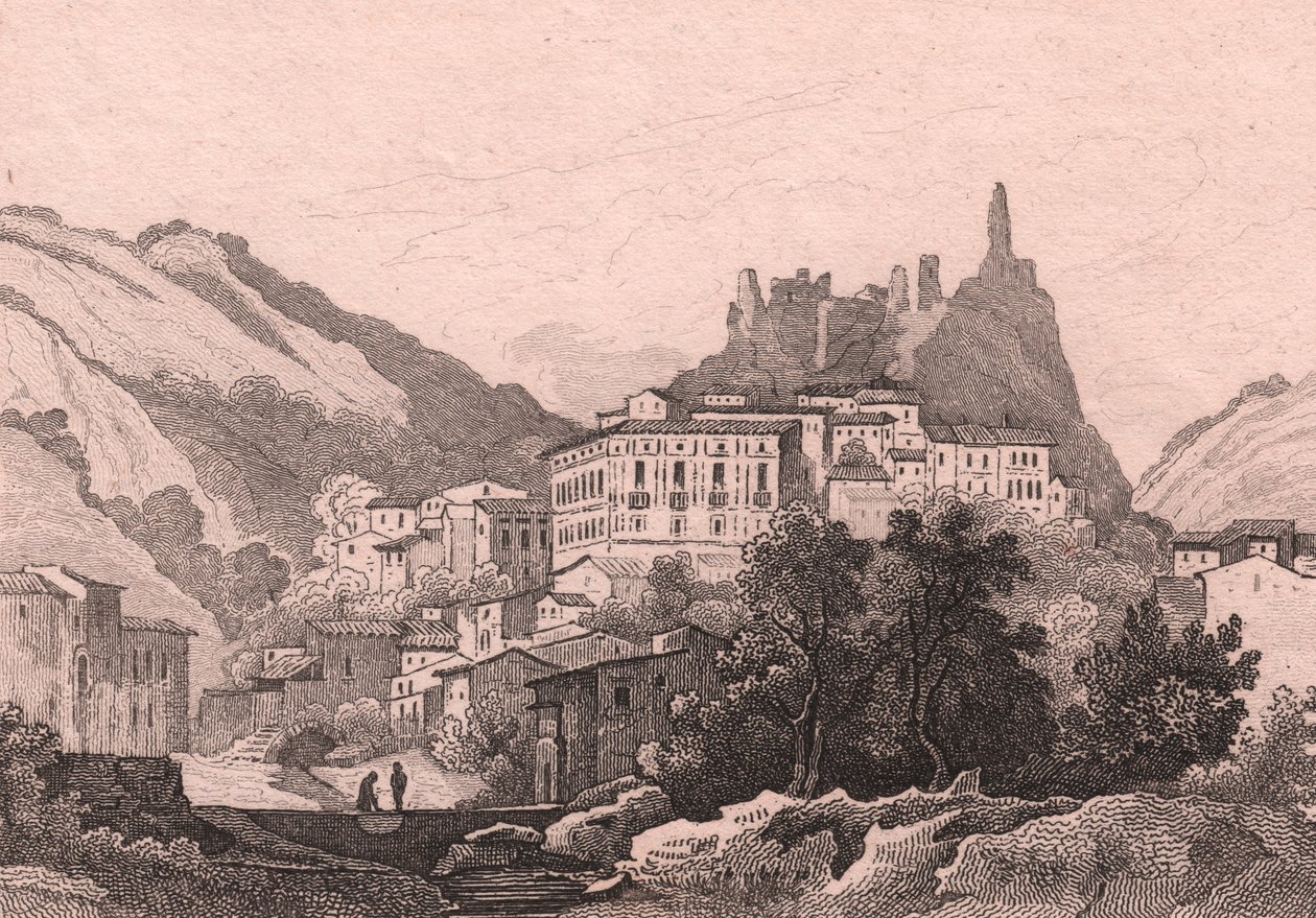 Vista de Nicastro, Calábria, Itália, gravura em aço de Dunaime após desenho de Jules Coignet (1798-1860), ca. 13x10 cm de Jules Coignet