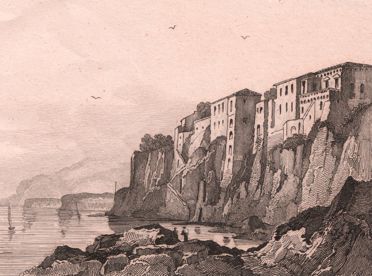 Vista de Sorrento com casa de Torquato Tasso, Campania, Itália, gravura em aço de Sauvage após desenho de Jules Coignet (1798-1860), ca. 13x10 cm de Jules Coignet