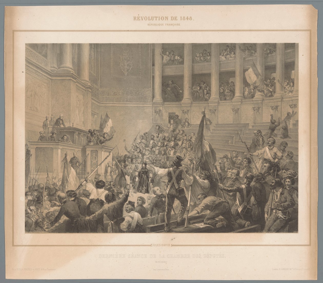 Insurgentes de Paris interrompem reunião da Câmara dos Deputados Dernière séance de la chambre des députés (título no objeto) Cenas da Revolução de Fevereiro de 1848 (título da série) Revolução de 1848 (título da série no objeto) de Jules  David