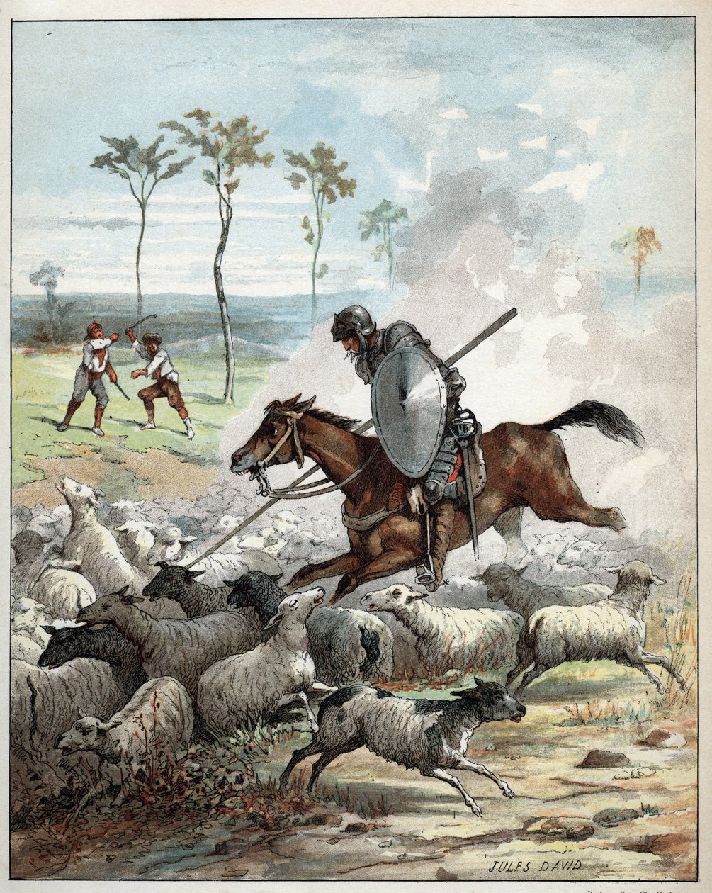 Dom Quixote matando ovelhas pensando que eram cavaleiros - Dom Quixote no seu cavalo fura as ovelhas que leva para cavaleiros - Ilustração de Jules David (1808-1892) do Histoire de Dom Quixote (Dom Quixote) - 1887 - por Miguel de Cervantes Saavedra (1547-1 de Jules David