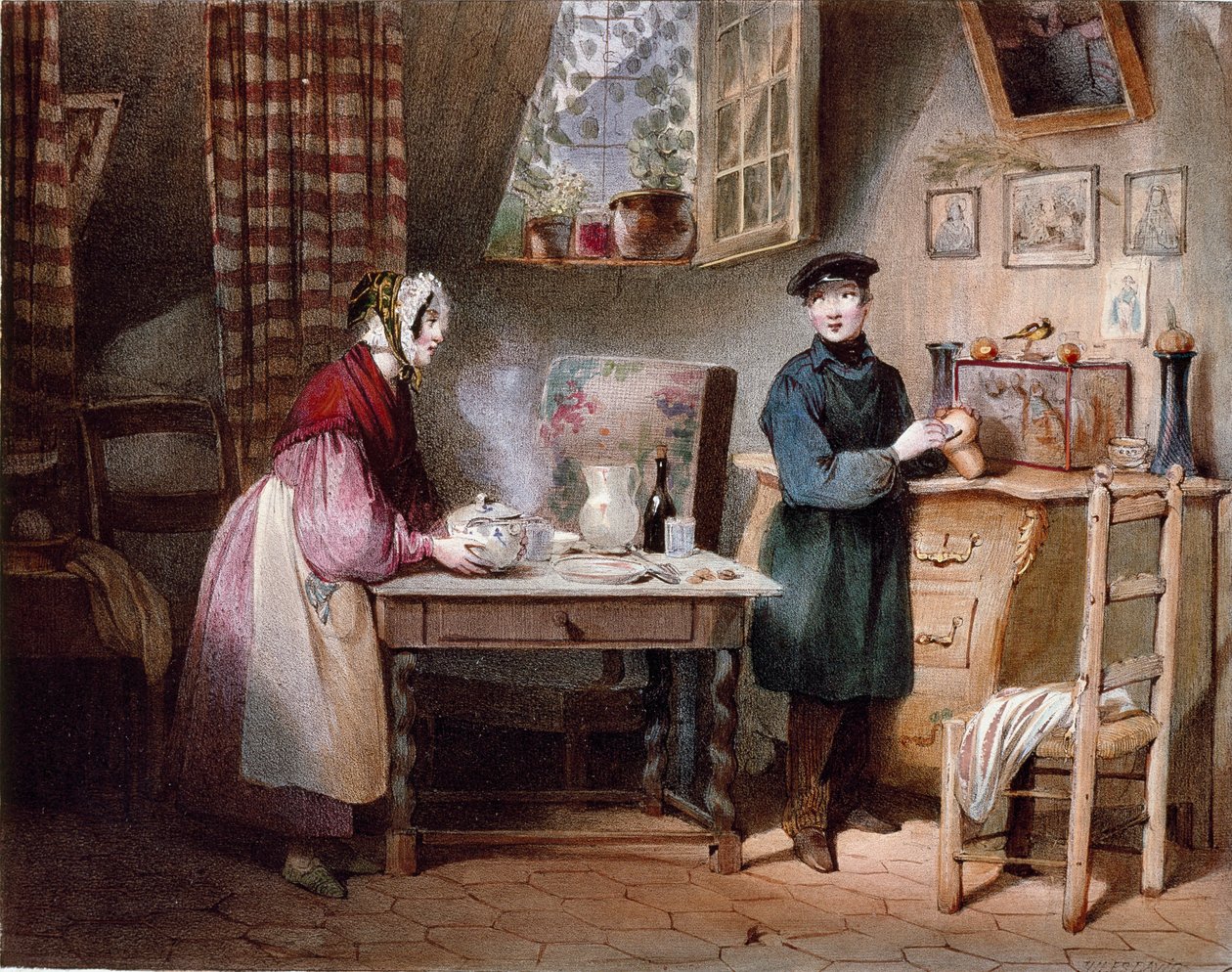 Economia. Jovem casal numa casa: a mulher põe um golo na mesa e o homem põe uma moeda num mealheiro. Gravura a cores de Jules David (século XIX) Paris, Musee Carnavalet de Jules David