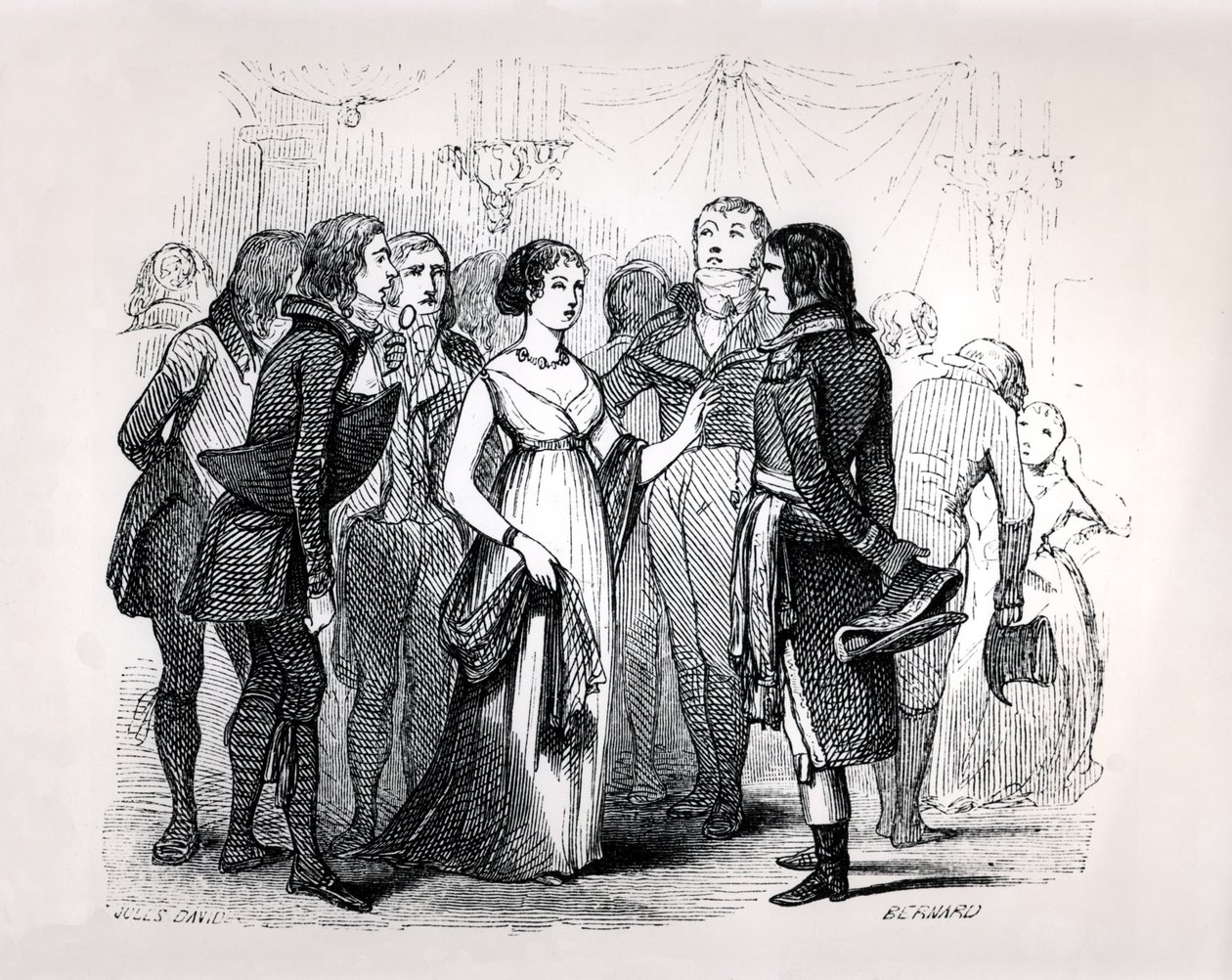 Madame de Stael (1766-1817) questionando Napoleão Bonaparte (1769-1821) sobre as melhores mulheres, de "Napoleão" de Emile Marco de Saint-Hilaire, gravado por Bernard, Paris, 1843 de Jules David