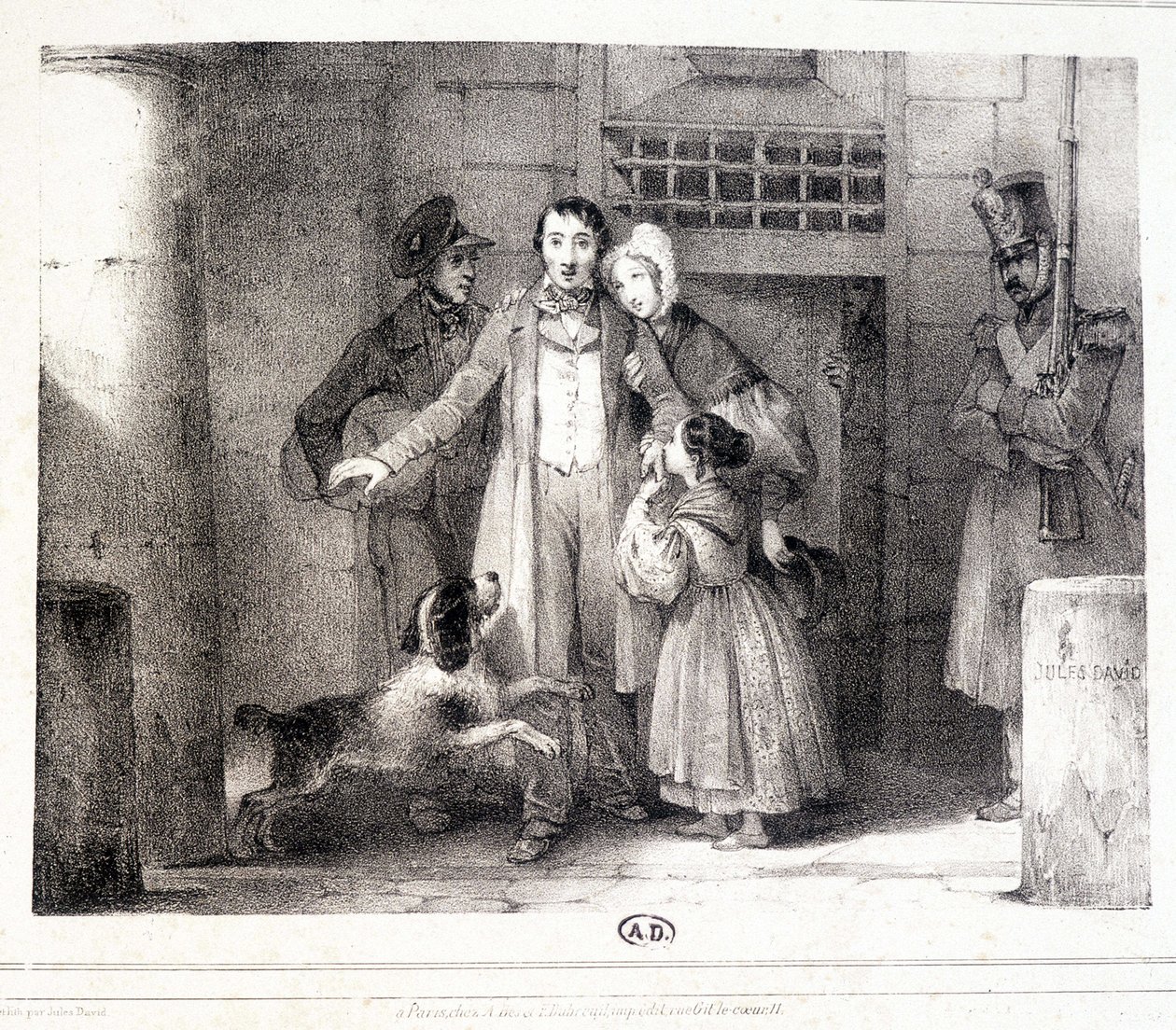 Homem a sair da prisão e reunido com a família, c. 1830. de Jules David