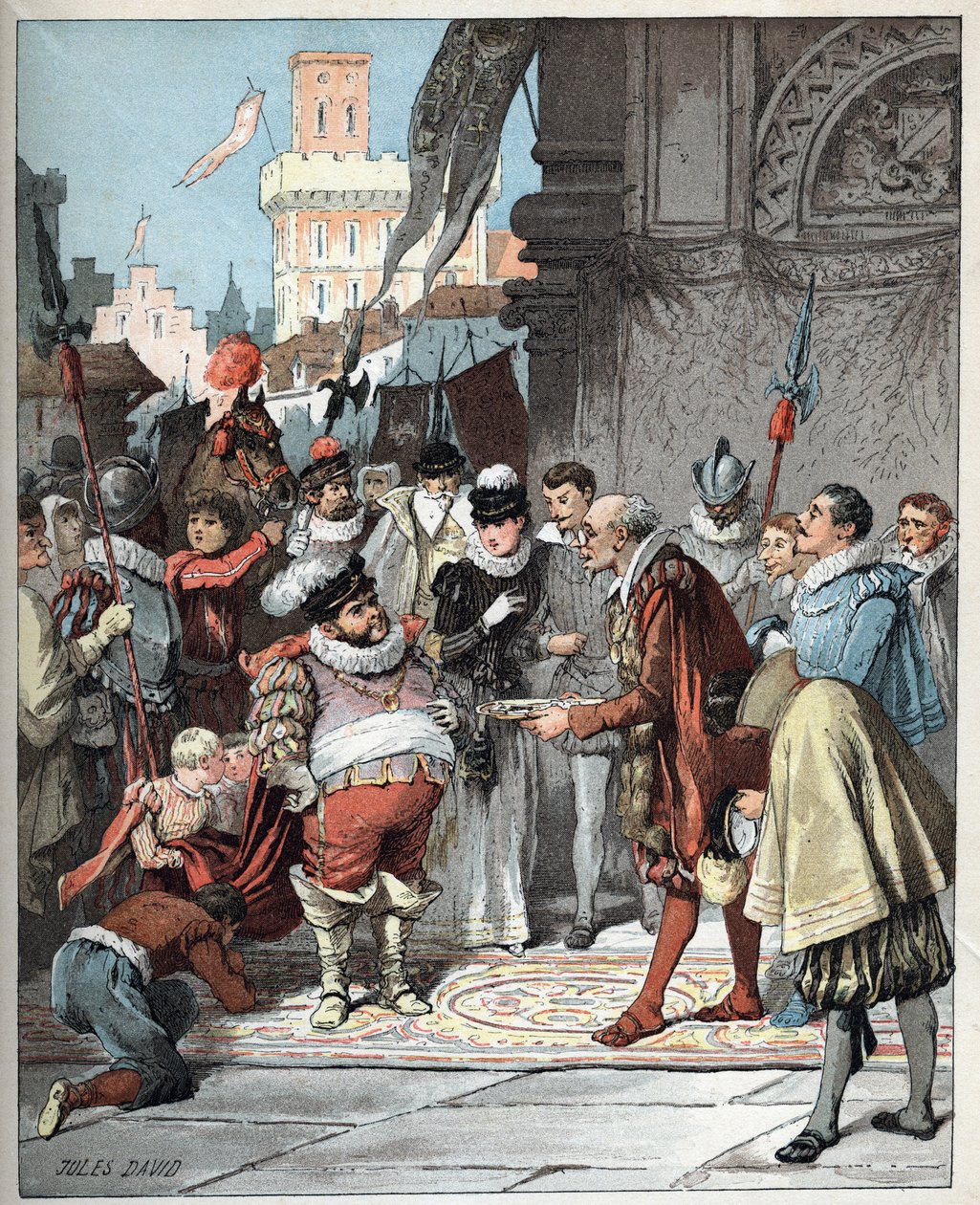 Sancho Panza nomeado governador da ilha de Barataria - Sancho Panza é nomeado governador perpétuo da ilha de Barataria - Ilustração de Jules David (1808-1892) do Histoire de Don Quixote (Dom Quixote) - 1887 - por Miguel de Cervantes Saavedra (1547-1616) - de Jules David