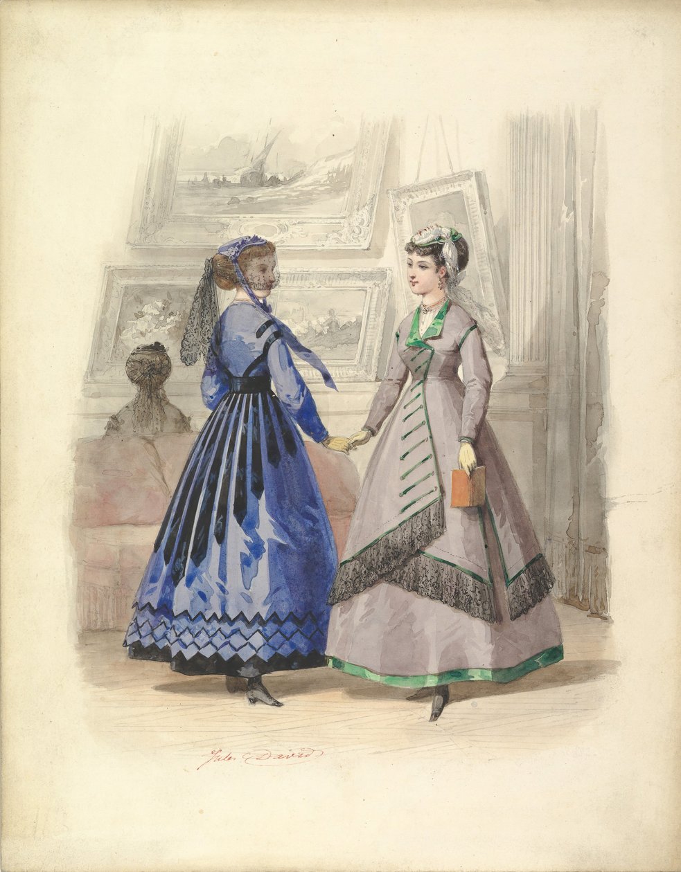 Duas mulheres em uma galeria de arte, 1868. de Jules David