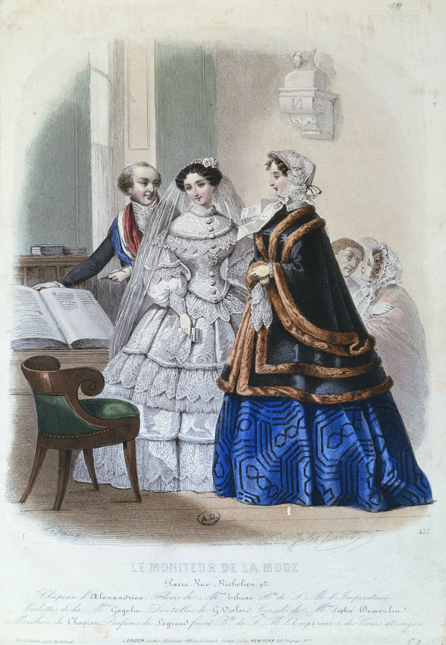 Vestido de noiva, fashion plate do The Fashion Monitor, 1854 de Jules David