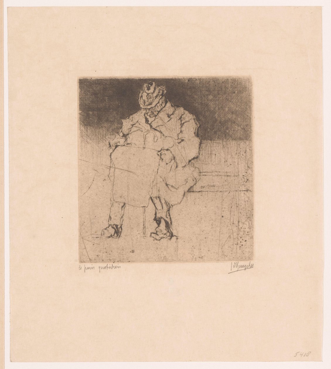 Cavalheiro idoso com bengala sentado num banco Le pain quotidien (título no objeto) de Jules De Bruycker (signed by artist)