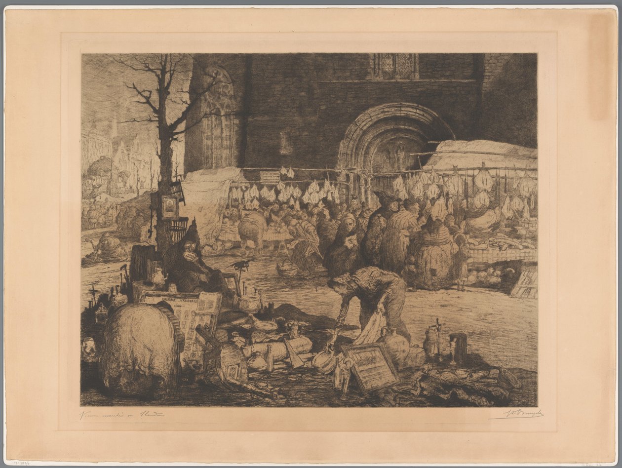 Vista de um mercado na Flandres
Vieux marché en Flandre (título sobre o objecto) de Jules De Bruycker (signed by artist)