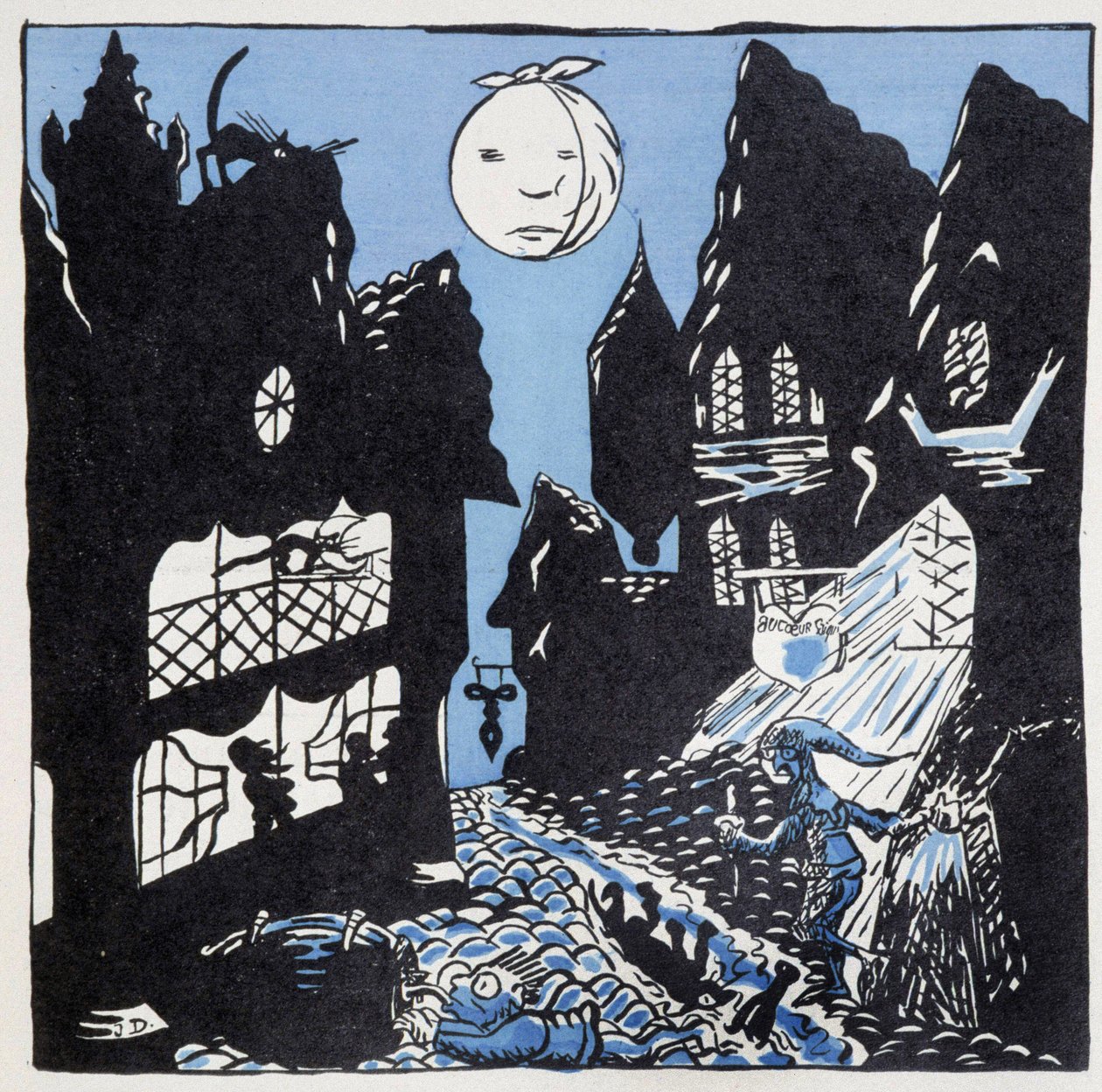 Cidades da Idade Média: uma rua à noite - no "Histoire de France" de Jules Depaquit, ed. Jonquières, Paris de Jules Depaquit