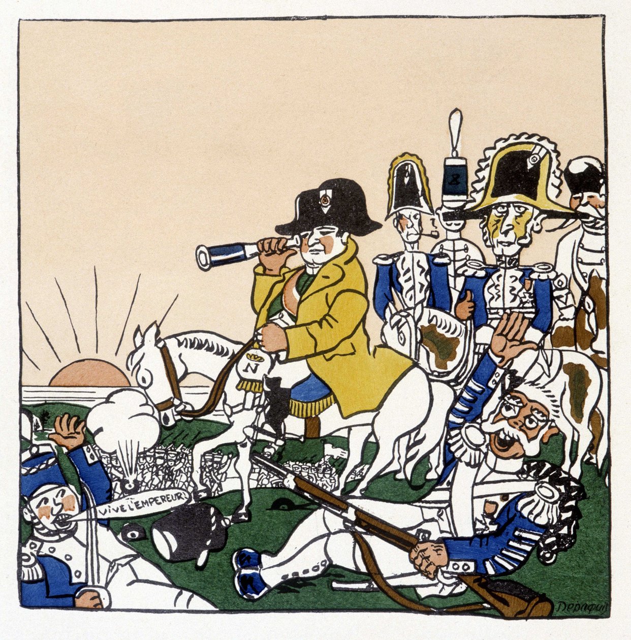 Napoleão na Batalha de Austerlitz (1805) - no "Histoire de France" de Jules Depaquit, doente, Ed. jonquières, Paris de Jules Depaquit