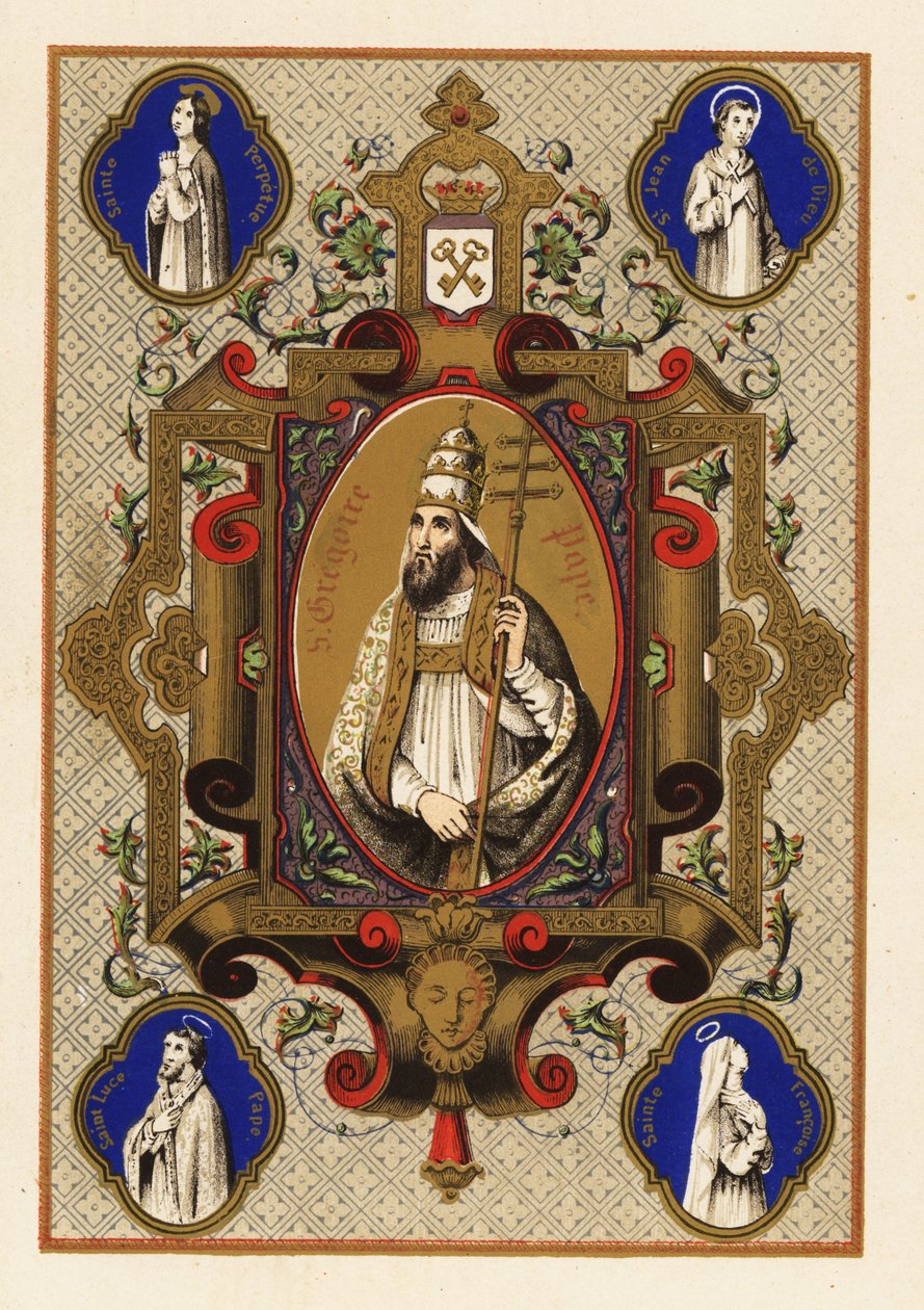 Retrato de São Gregório, Papa Gregório I, com triregno ou tríplice coroa, e férula papal, dentro de uma borda decorativa de Jules Desportes