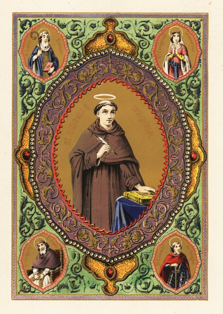 Retrato de São Tomás de Aquino, com auréola, pena e Bíblia, em borda decorativa de folhagem e dourado de Jules Desportes