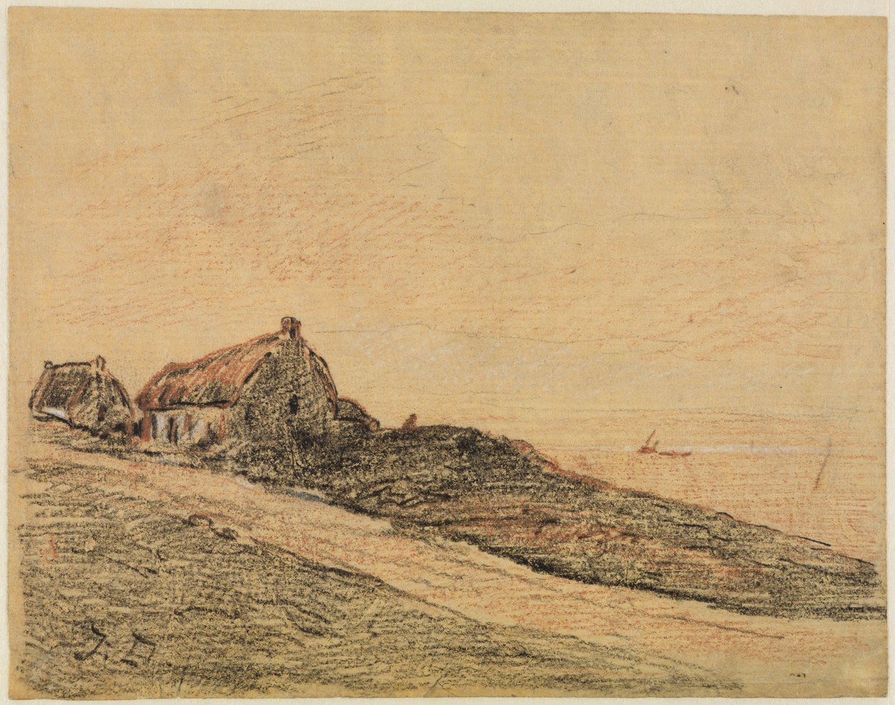 Paisagem costeira perto de Cayeux com duas cabanas de Jules Dupré