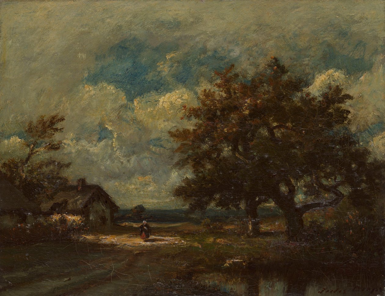 A casa de campo à beira da estrada, céu tempestuoso de Jules Dupré