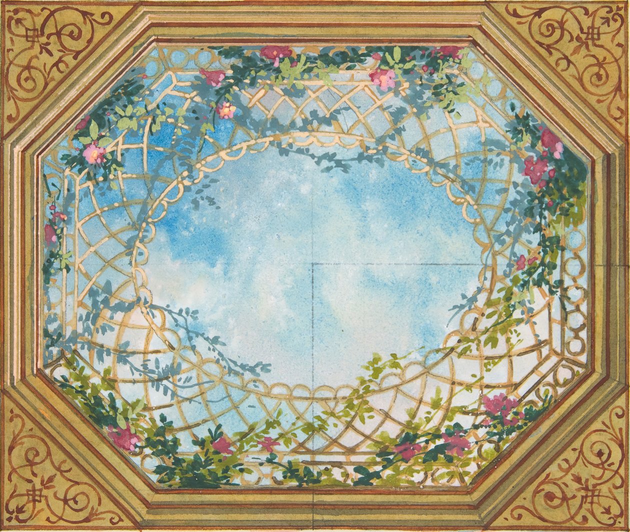 Desenho para um tecto pintado com nuvens, treliças e rosas, segunda metade do século XIX. Criadores: Jules-Edmond-Charles Lachaise, Eugène-Pierre Gourdet. de Jules Edmond Charles Lachaise and Eugène Pierre Gourdet