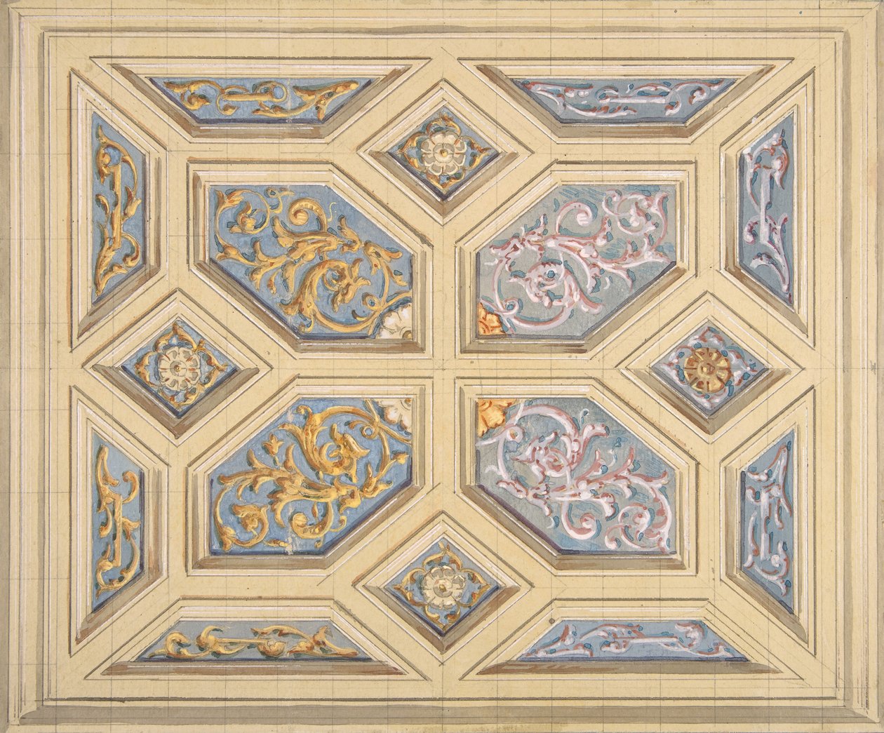 Projeto para um teto de caixotões decorado com arabescos, 1840-97. Criadores: Jules-Edmond-Charles Lachaise, Eugène-Pierre Gourdet. de Jules Edmond Charles Lachaise and Eugène Pierre Gourdet