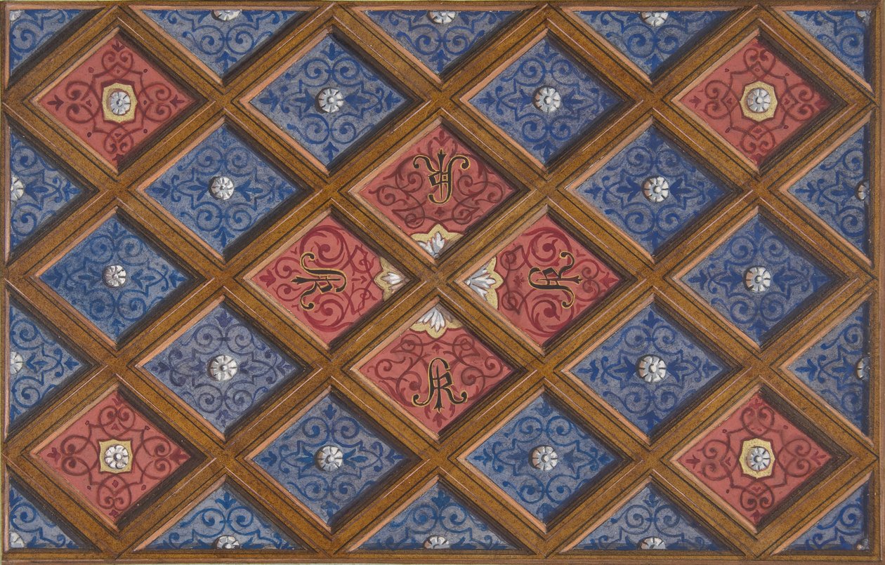 Desenho para um tecto caixotado com iniciais pintadas: SRI , 1840-97. Criadores: Jules-Edmond-Charles Lachaise, Eugène-Pierre Gourdet. de Jules Edmond Charles Lachaise and Eugène Pierre Gourdet