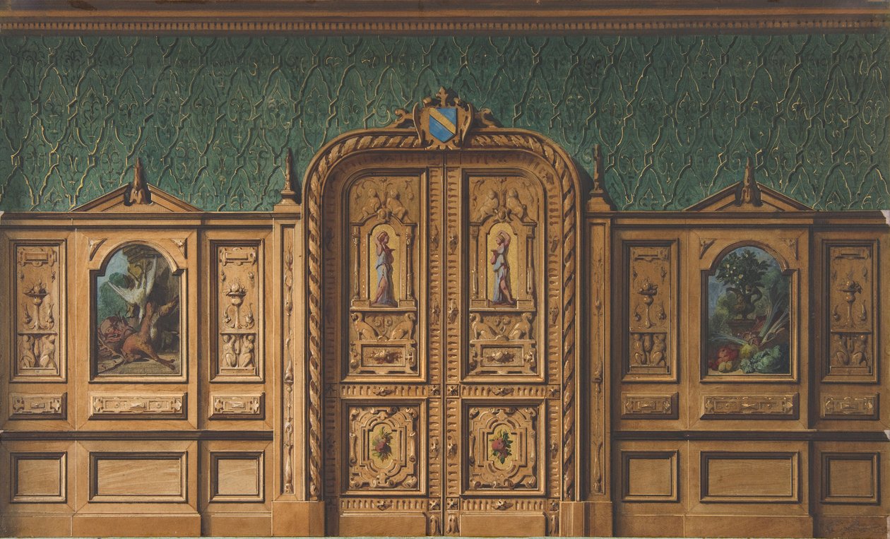 Design para uma sala com painéis de madeira embutidos com pinturas e uma porta dupla fortemente esculpida, 1830-97. Criadores: Jules-Edmond-Charles Lachaise, Eugène-Pierre Gourdet. de Jules Edmond Charles Lachaise and Eugène Pierre Gourdet