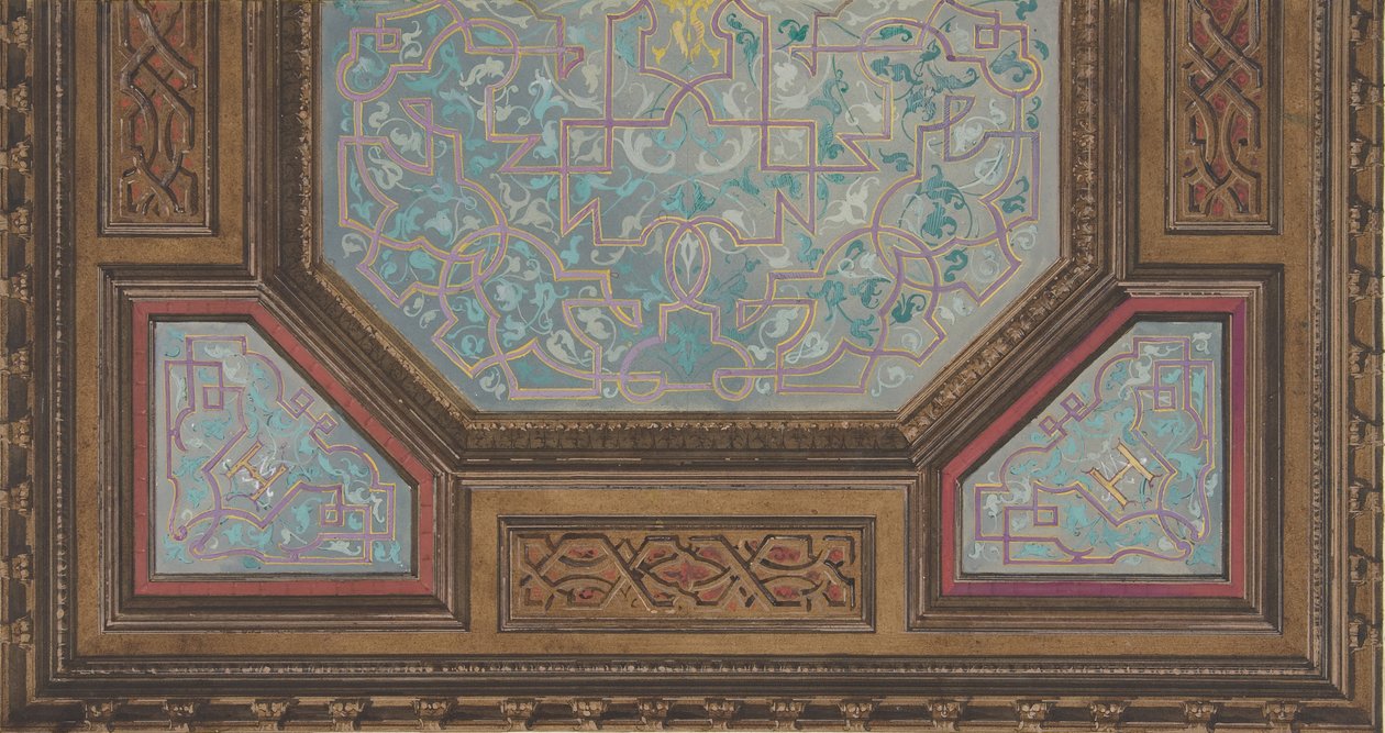 Desenho para a decoração pintada de um tecto caixotado com o monograma: H, 1830-97. Criadores: Jules-Edmond-Charles Lachaise, Eugène-Pierre Gourdet. de Jules Edmond Charles Lachaise and Eugène Pierre Gourdet