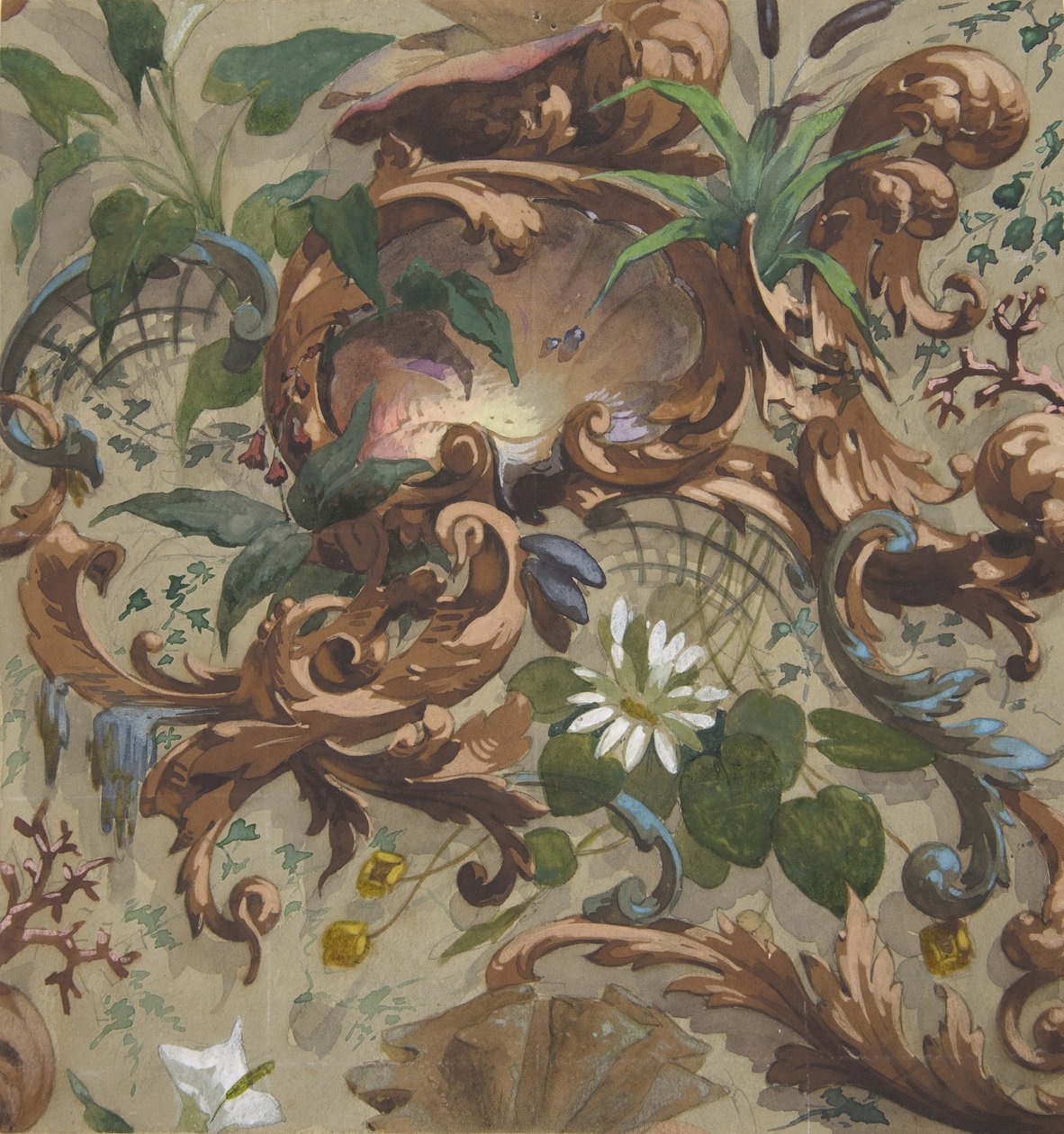Design para papel de parede com conchas, nenúfares e taboas, 1830-97. Criadores: Jules-Edmond-Charles Lachaise, Eugène-Pierre Gourdet. de Jules Edmond Charles Lachaise and Eugène Pierre Gourdet