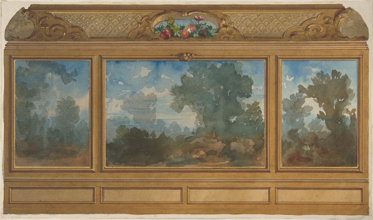 Elevação de um interior apainelado decorado com paisagens pintadas e enseadas com..., 1830-97. Criadores: Jules-Edmond-Charles Lachaise, Eugène-Pierre Gourdet. de Jules Edmond Charles Lachaise and Eugène Pierre Gourdet