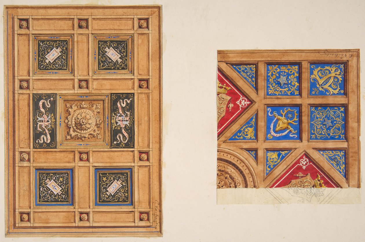 Dois desenhos para tecto panorâmico com decoração pintada, século XIX. Os criadores: Jules-Edmond-Charles Lachaise, Eugène-Pierre Gourdet. de Jules Edmond Charles Lachaise and Eugène Pierre Gourdet