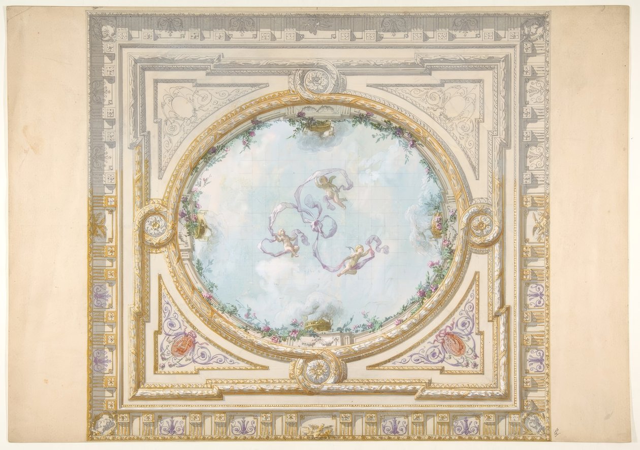 Projeto para um teto em estilo rococó com um trompe loeil oculus de Jules Edmond Charles Lachaise