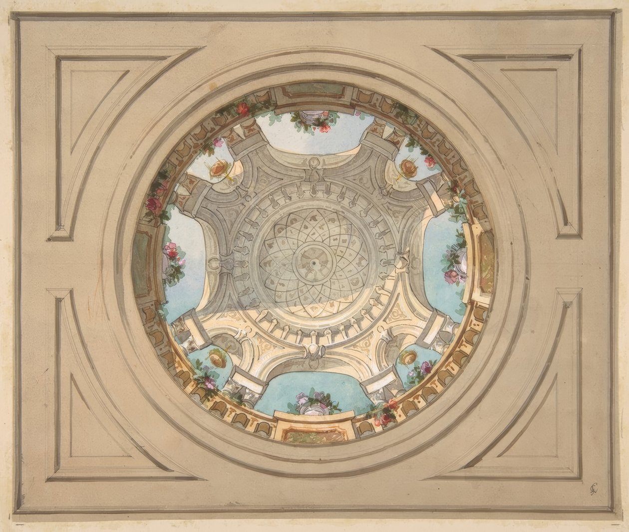 Projeto para um teto com balaustrada trompe loeil de Jules Edmond Charles Lachaise