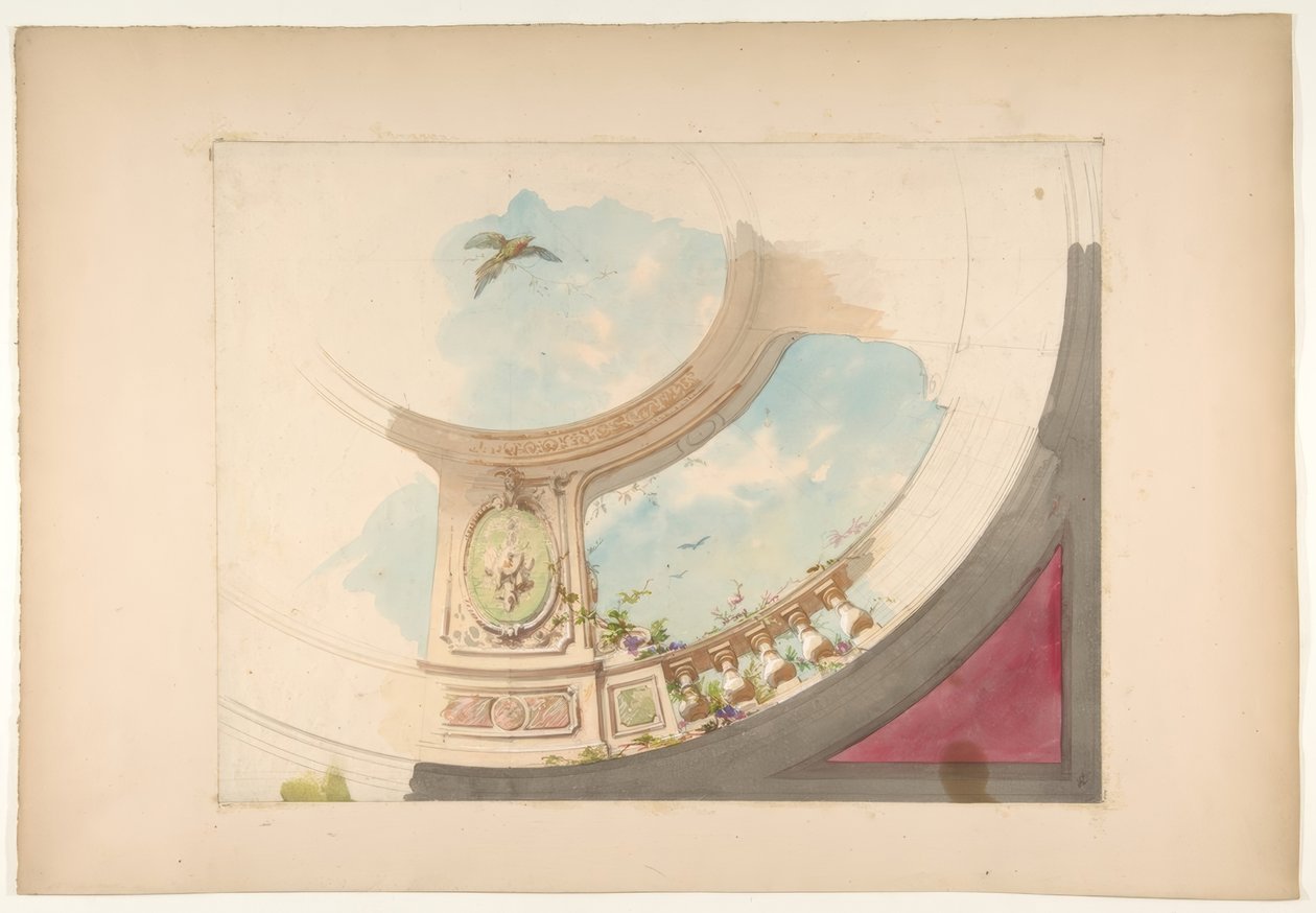Projeto para um teto com balaustrada trompe loeil e céu de Jules Edmond Charles Lachaise
