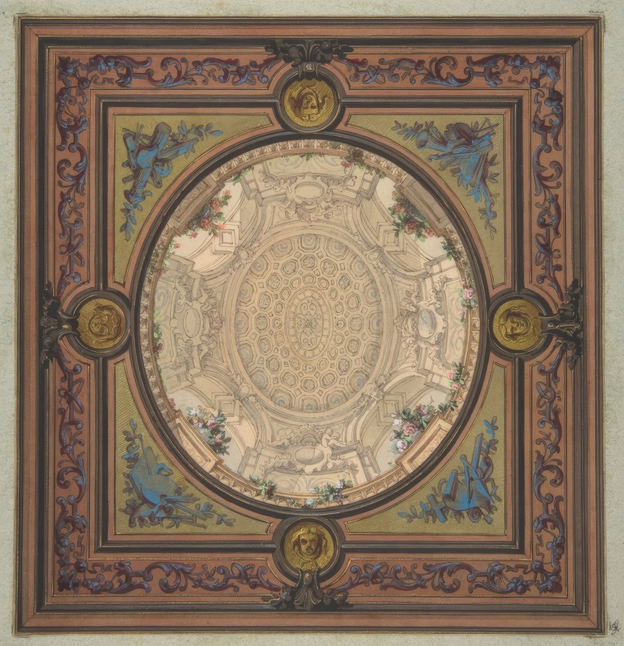 Projeto para a decoração de um teto com uma pintura trompe loeil de uma cúpula em caixotão de Jules Edmond Charles Lachaise