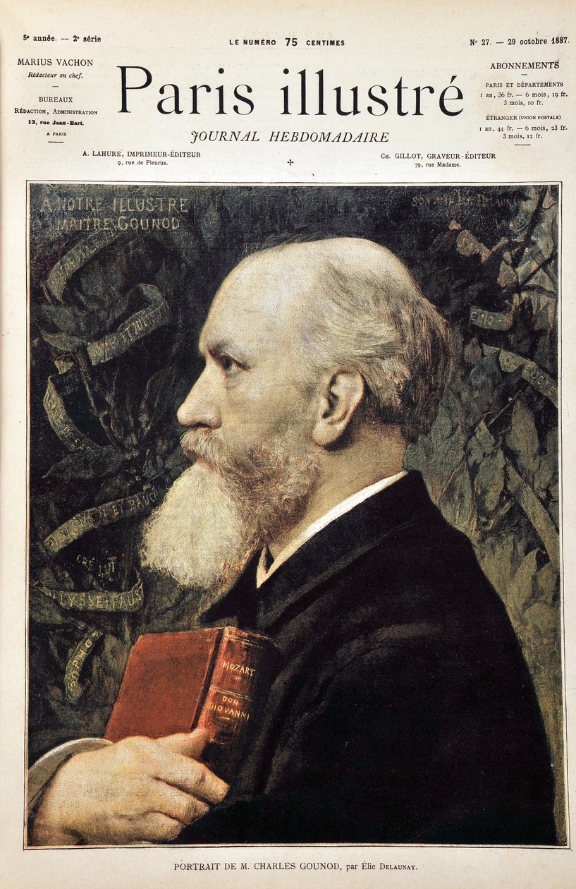Retrato de Charles Gounod (Com a pontuação de Don Giovanni (Don Juan) de Mozart) baseado no retrato de Elie Delaunay. Gravura de 1887 no "Paris-Illustrous journal weekly". de Jules Elie Delaunay