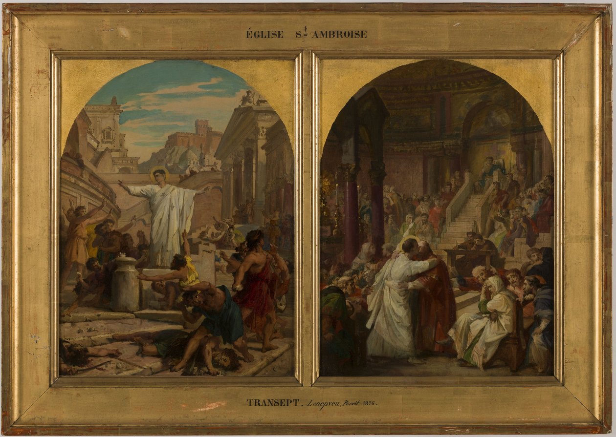 Esboço para a igreja de Saint-Ambroise: Santo Agostinho pondo fim à prática bárbara de pais, irmãos e filhos lutarem entre si para praticar a guerra, entre 1872 e 1875 (óleo sobre tela) de Jules Eugene Lenepveu
