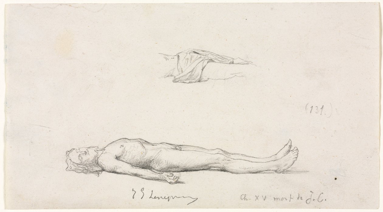Esboço do Cristo morto e esboço de pormenor da tanga de Jules Eugene Lenepveu