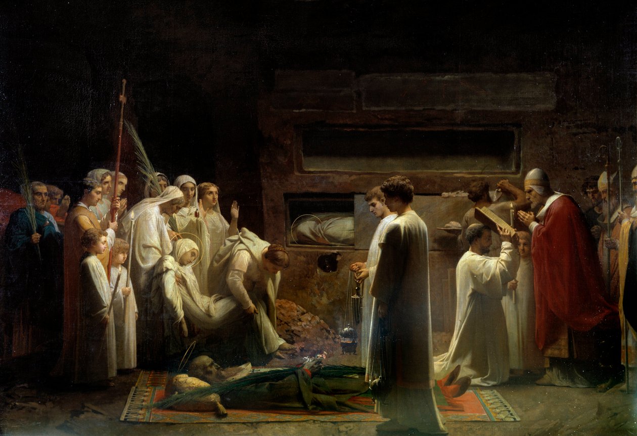 Os mártires na assembléia religiosa cristã das catacumbas, no funeral dos primeiros cristãos em Roma. Pintura de Jules Lenepveu (1819-1898) 1855 Sol. 1,7x3,36 m Paris, musee d