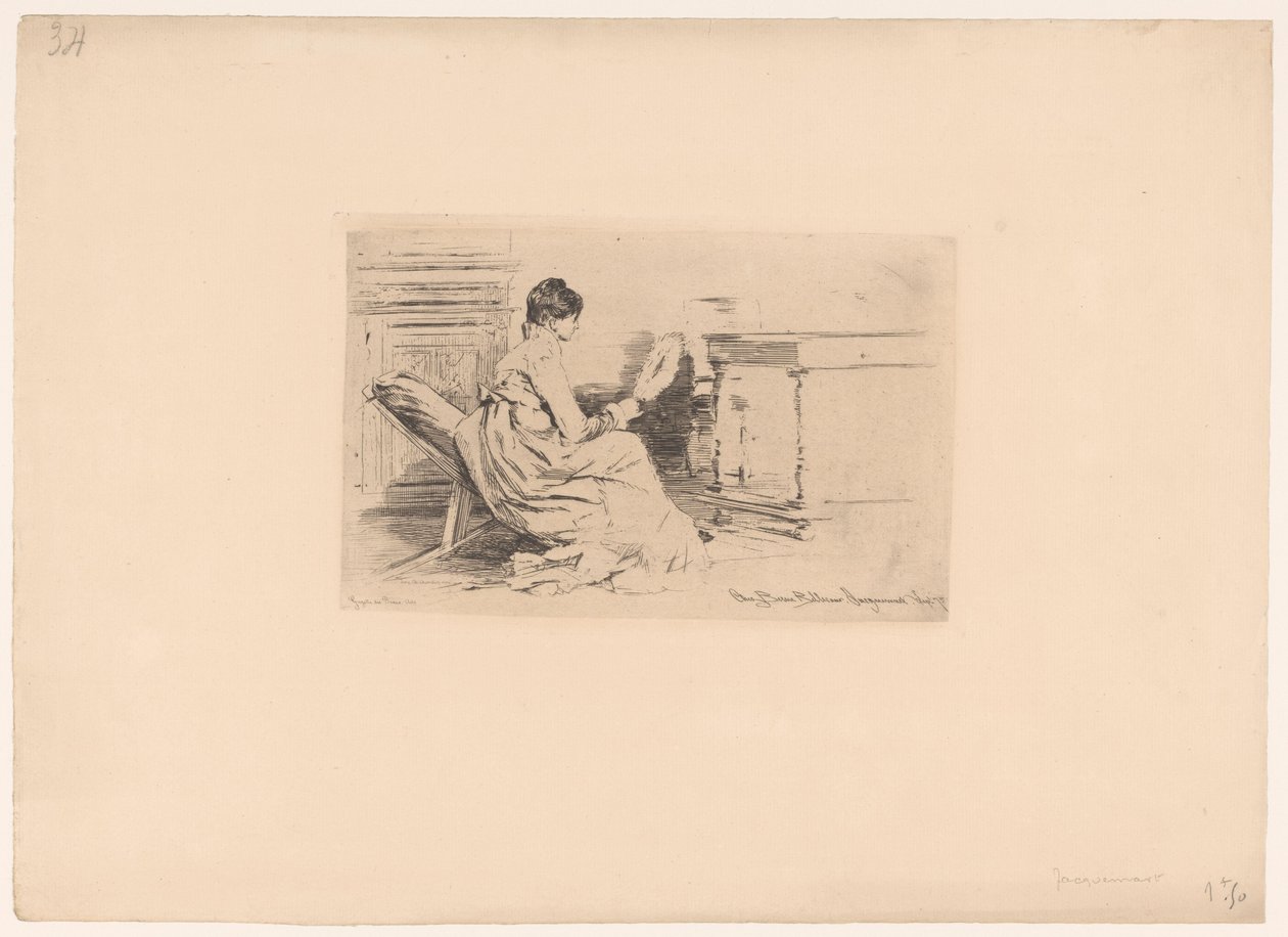 Mulher com ventilador na cadeira baixa de Jules Ferdinand Jacquemart (attributed to)